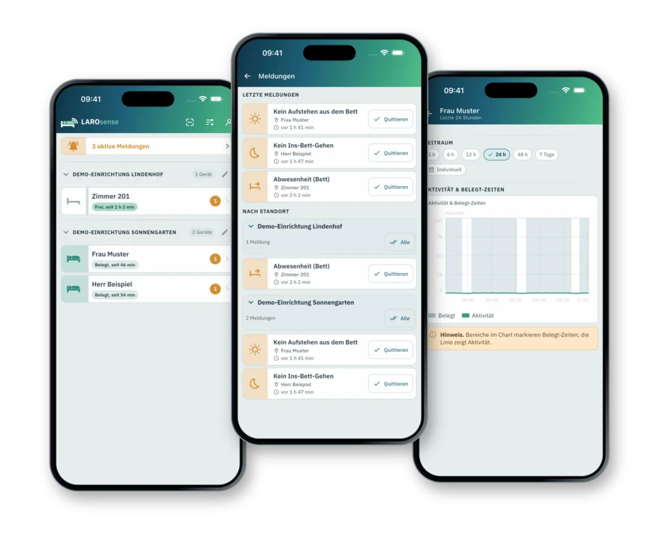Drei iPhone-Ansichten der LAROsense App mit Geräteübersicht, Meldungen und Aktivitätsverlauf