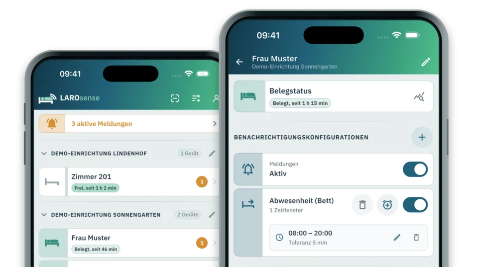 Zwei iPhone-Ansichten der LAROsense App mit Geräteübersicht und Benachrichtigungseinstellungen